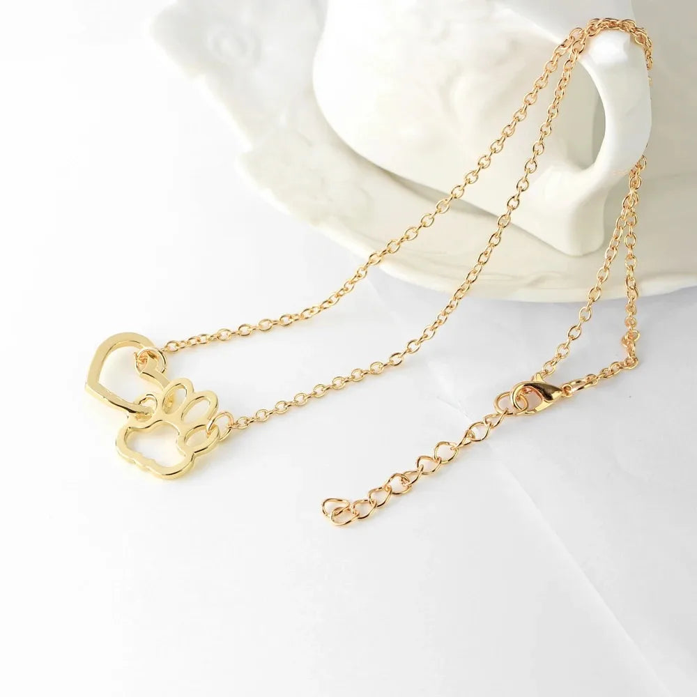 Hollow Paw Print Heart Pendant Necklace