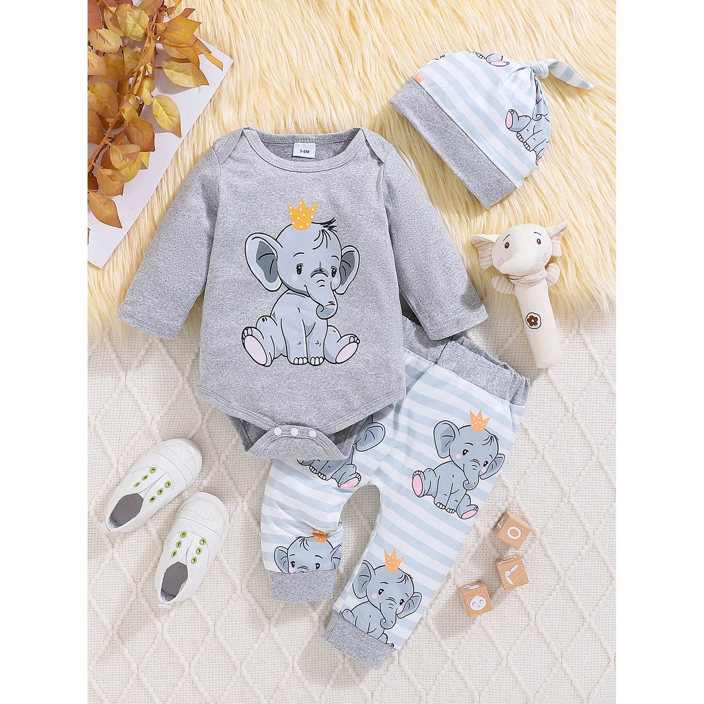 Baby Fall Romper Pants and Hat Outfit Set