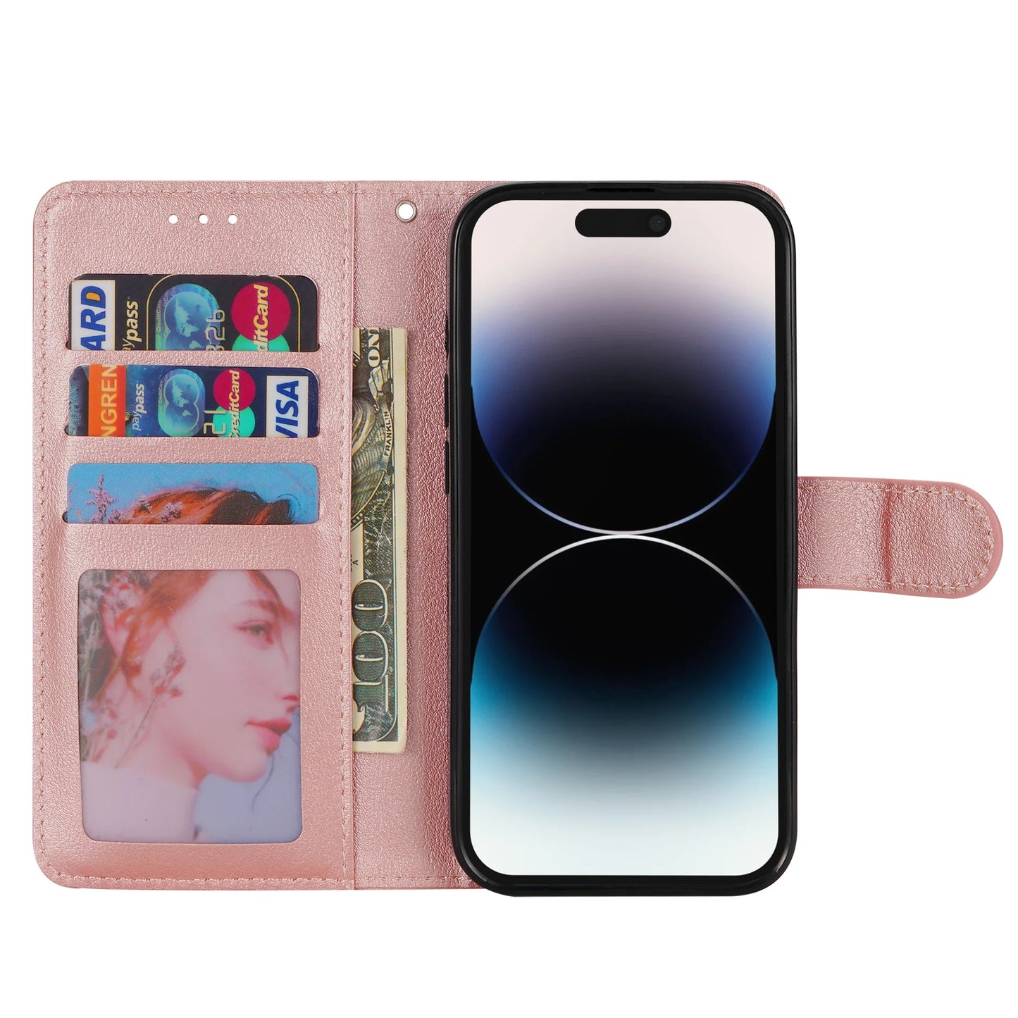 Leather Flip Wallet Case with Strap & Stand for iPhone Models