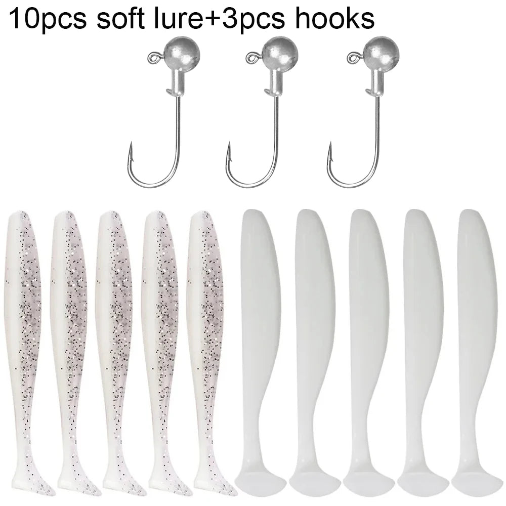 Soft Fishing Lure Kit with T-Tail Worms, Jig Hooks & Metal Jigs