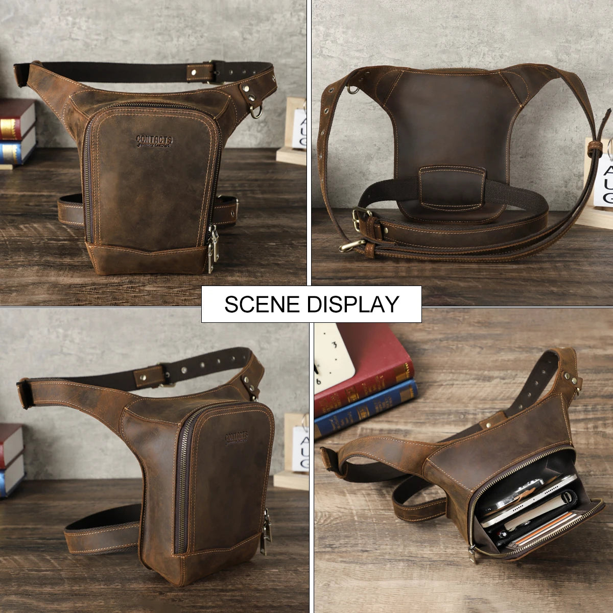 Genuine Leather Motorcycle Leg Bag and Rider Waist Pack