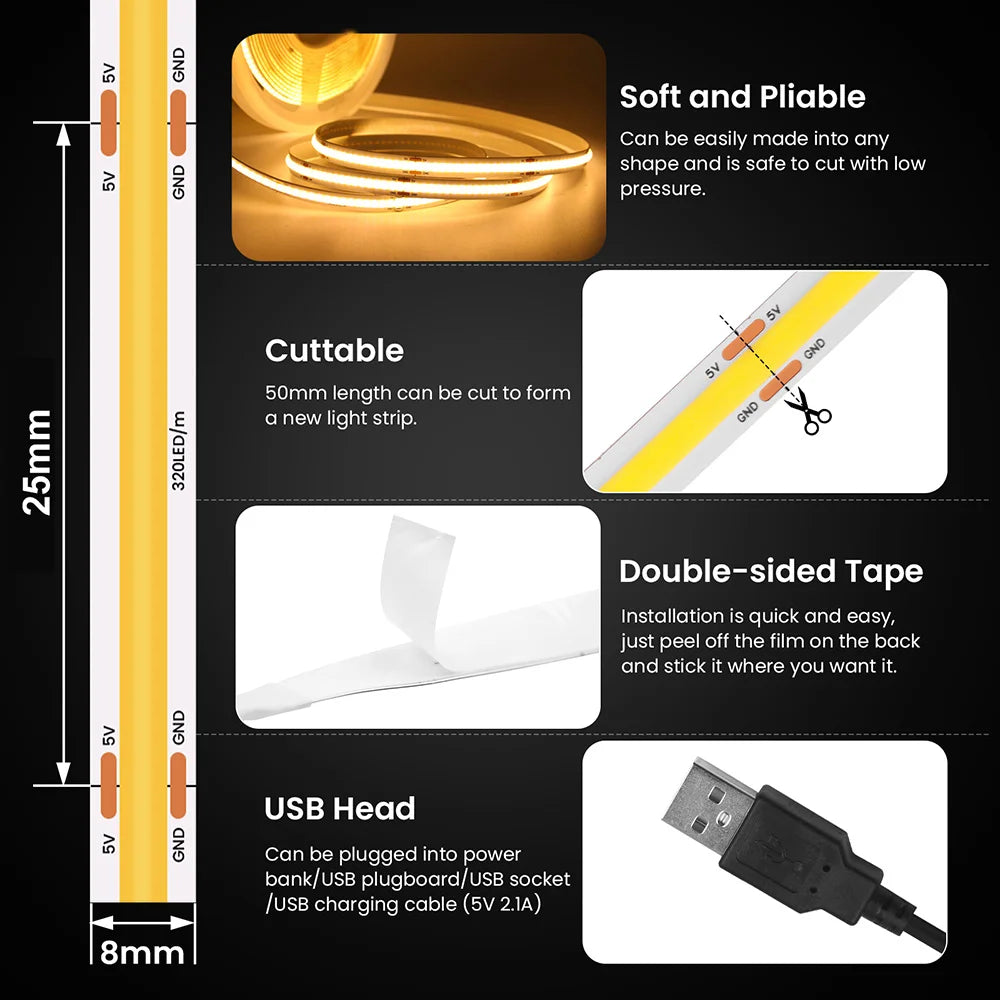 USB COB Cabinet Strip Light 320 LEDs/m 5V Flexible Ribbon