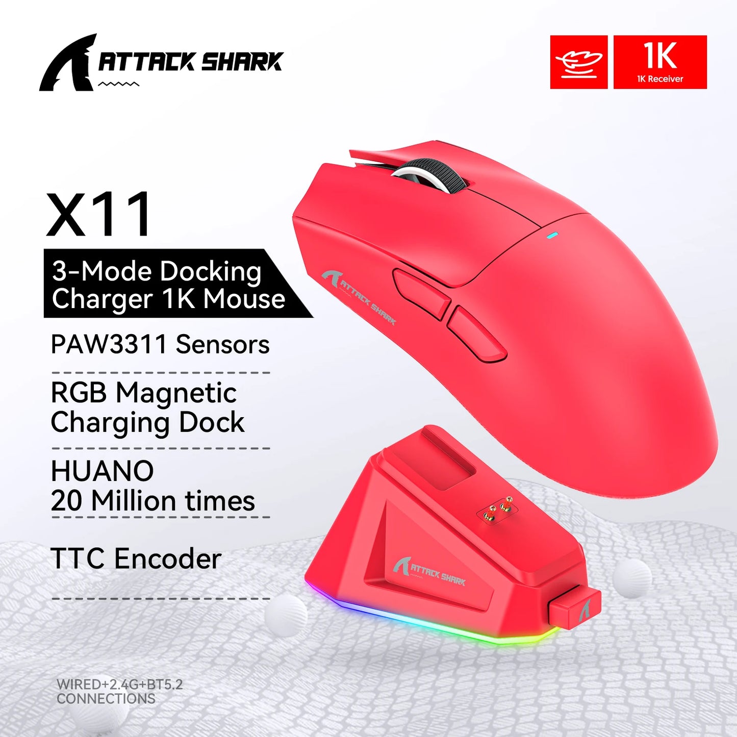 Attack Shark X11 Wireless Gaming Mouse - Tri-Mode RGB Dock