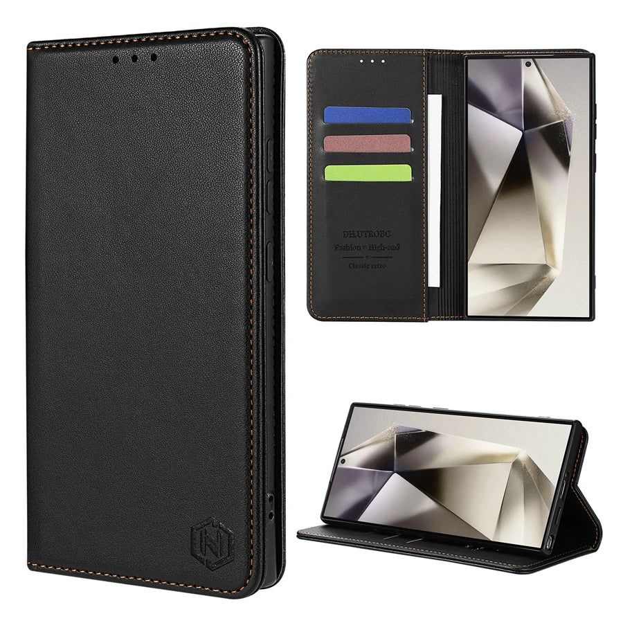 Samsung Galaxy Magnetic Flip Wallet Case with Card Slot & Kickstand