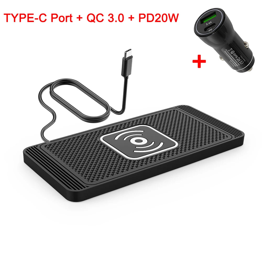 15W Type-C Car Wireless Charger Pad & Stand for iPhone and Samsung