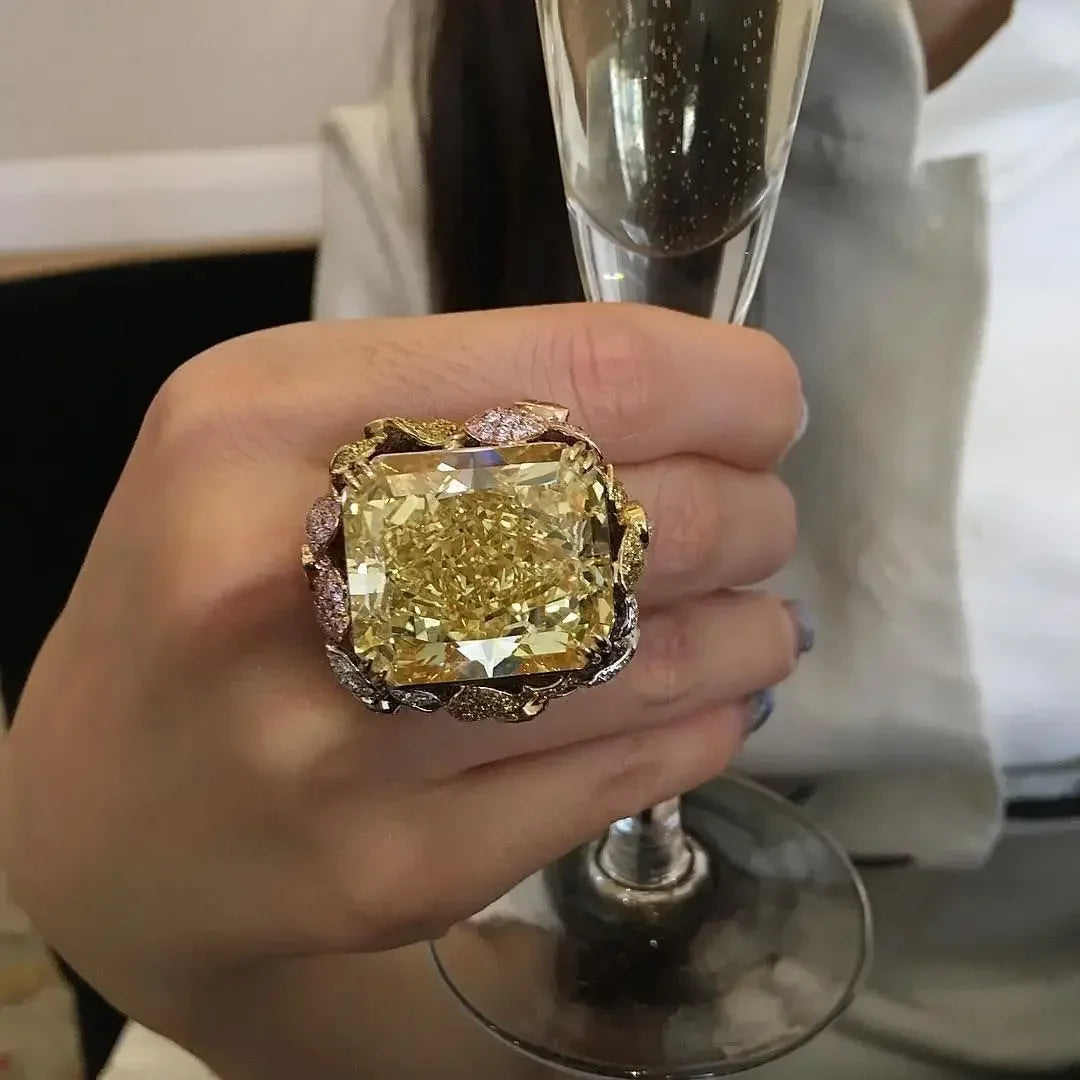 Champagne Crystal Square Statement Ring with 18K Gold Plating