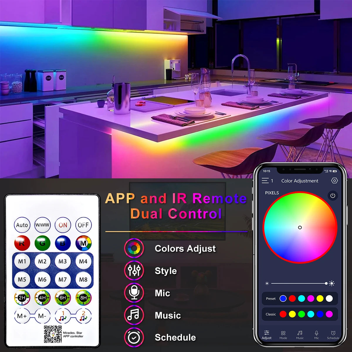 RGBIC USB Neon Strip Light with Bluetooth Remote Control