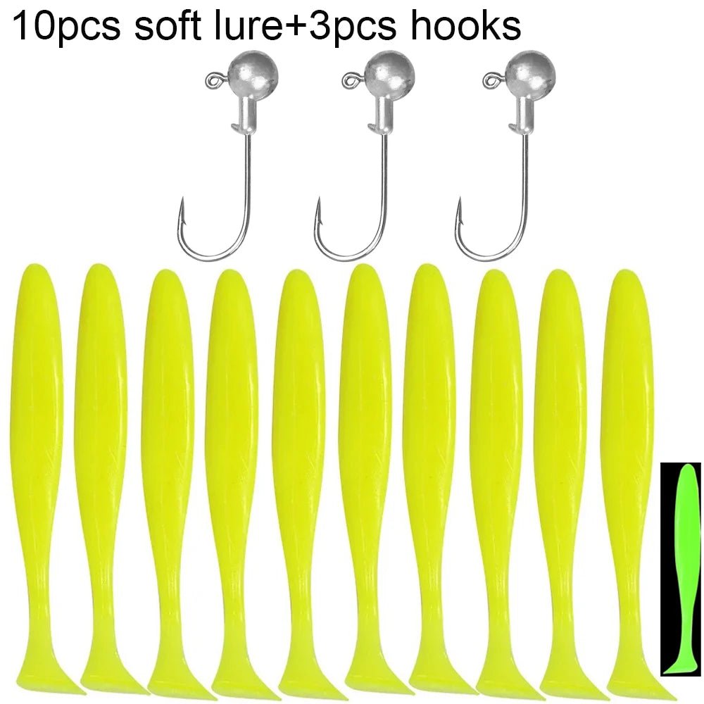 Soft Fishing Lure Kit with T-Tail Worms, Jig Hooks & Metal Jigs