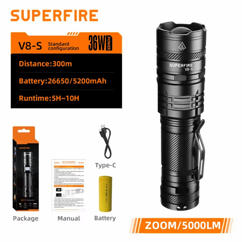 SUPERFIRE 36W Rechargeable Waterproof LED Flashlight