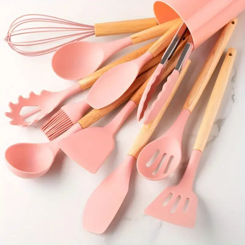 12-Piece Silicone Kitchen Utensil Set - Wooden Handle Non-Stick Tools