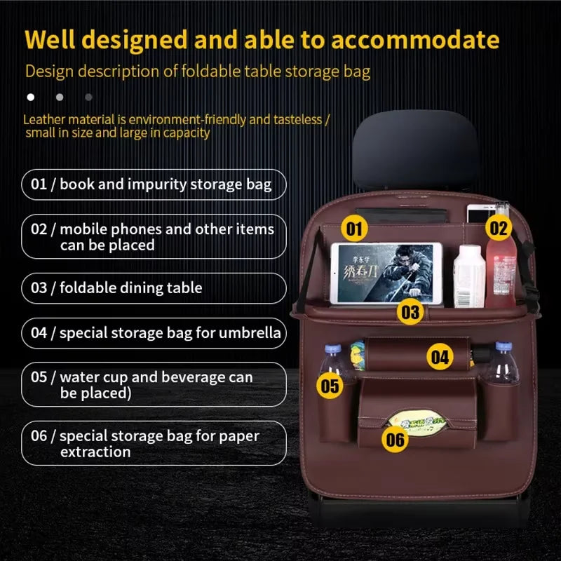 PU Car Seat Back Organizer with Foldable Tray - Travel Storage Pocket