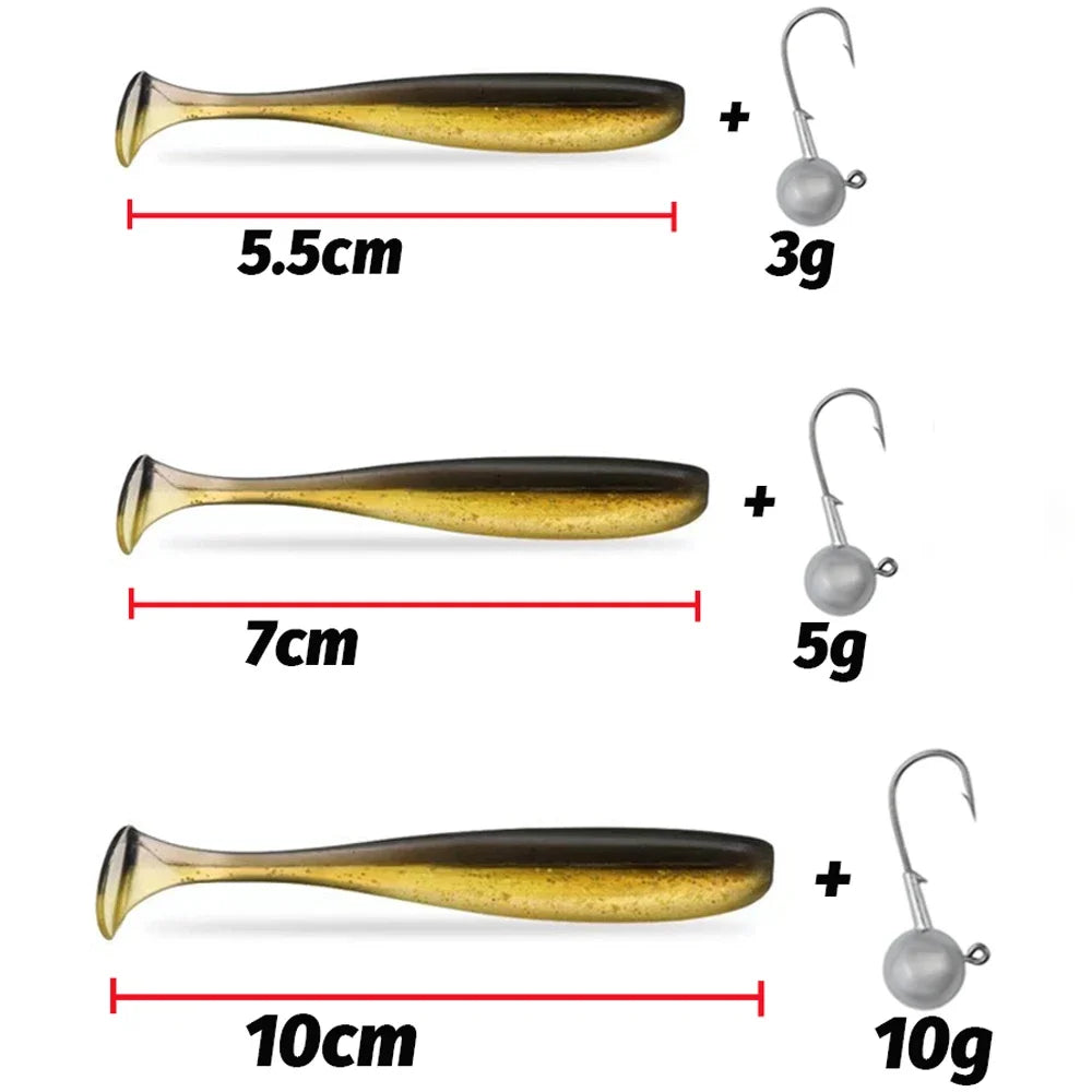 Soft Fishing Lure Kit with T-Tail Worms, Jig Hooks & Metal Jigs