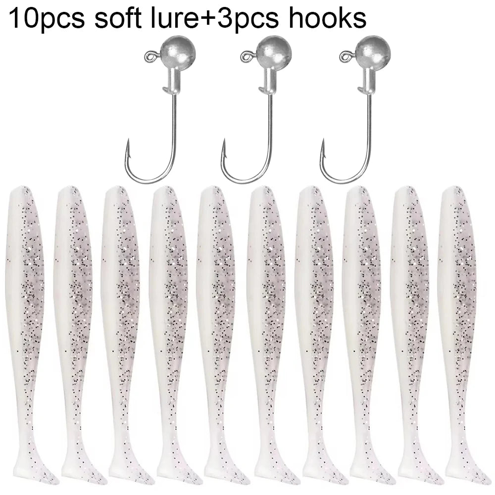 Soft Fishing Lure Kit with T-Tail Worms, Jig Hooks & Metal Jigs