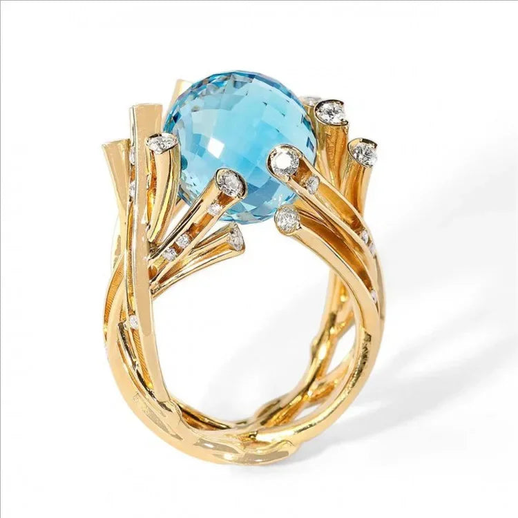 Champagne Crystal Square Statement Ring with 18K Gold Plating