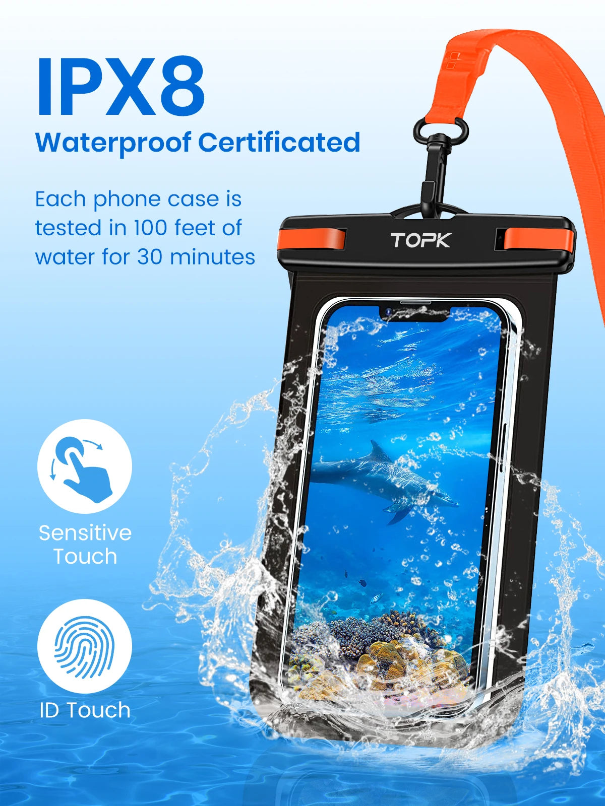 TOPK E01 IPX8 Waterproof Phone Pouch with Lanyard for 7-Inch Phones