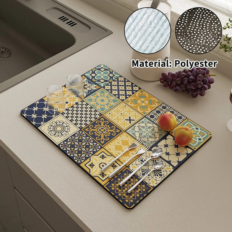 Super Absorbent Printed Dish Drying Mat for Kitchen Counters