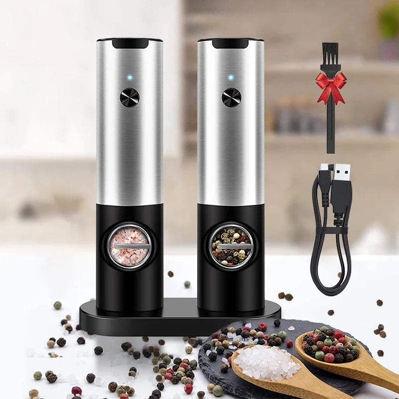 Rechargeable Stainless Steel Electric Salt and Pepper Grinder Set