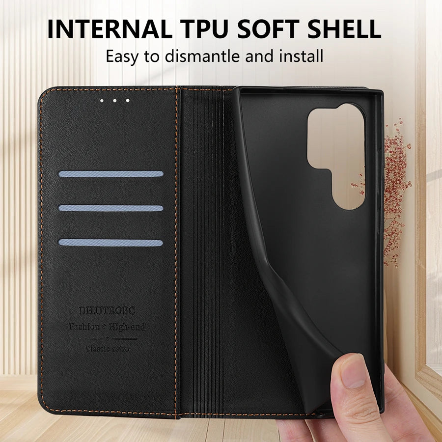 Samsung Galaxy Magnetic Flip Wallet Case with Card Slot & Kickstand