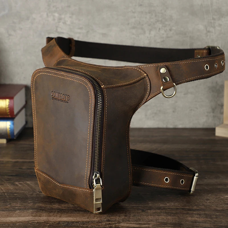 Genuine Leather Motorcycle Leg Bag and Rider Waist Pack