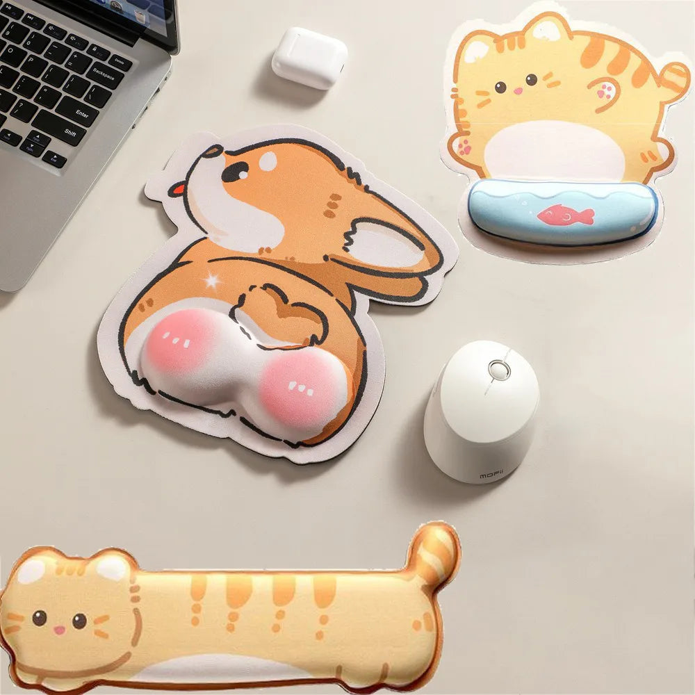 Cute Cartoon Corgi and Cat Mouse Pad with Memory Foam Wrist Rest