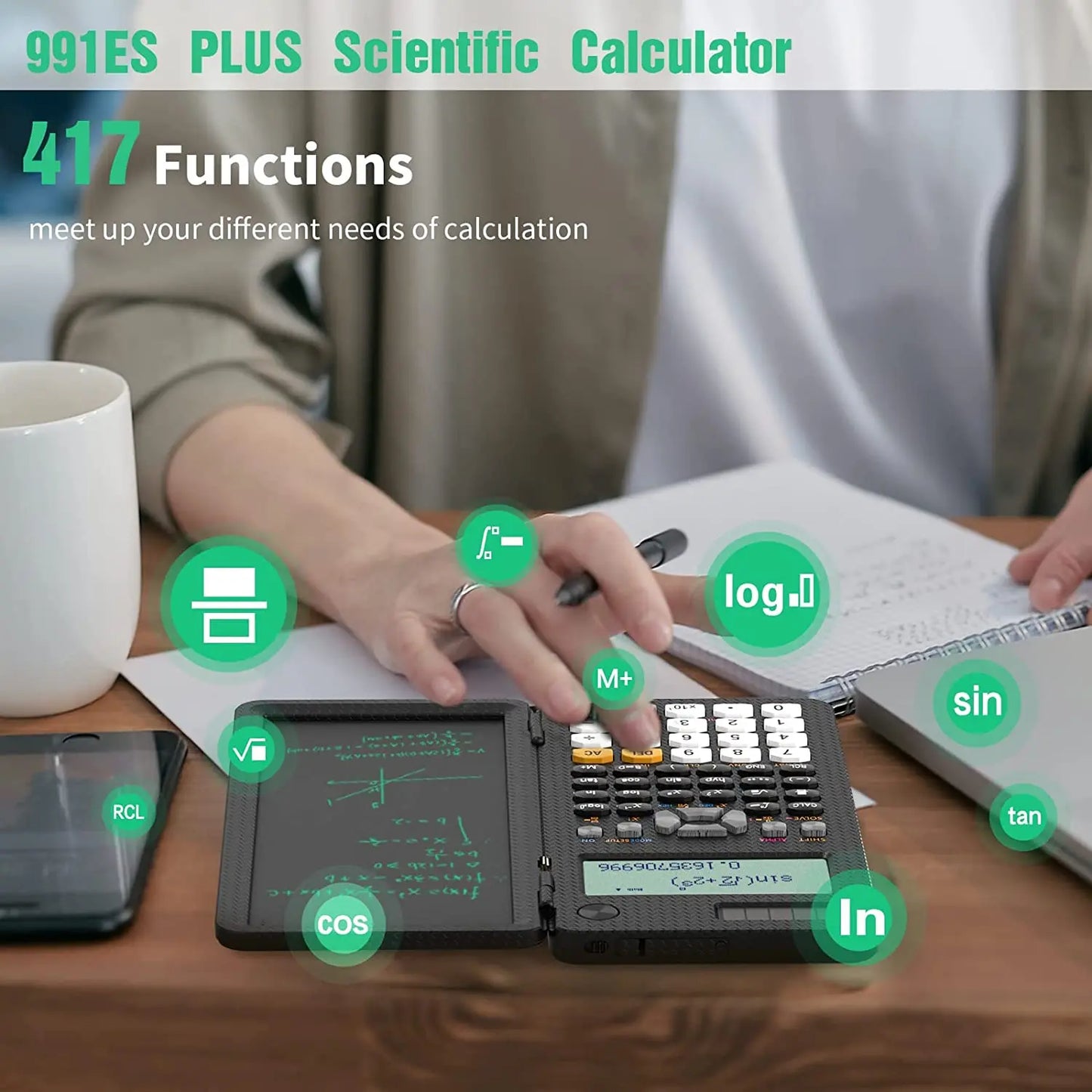 Solar Scientific Calculator with LCD Notepad and 417 Functions for Students
