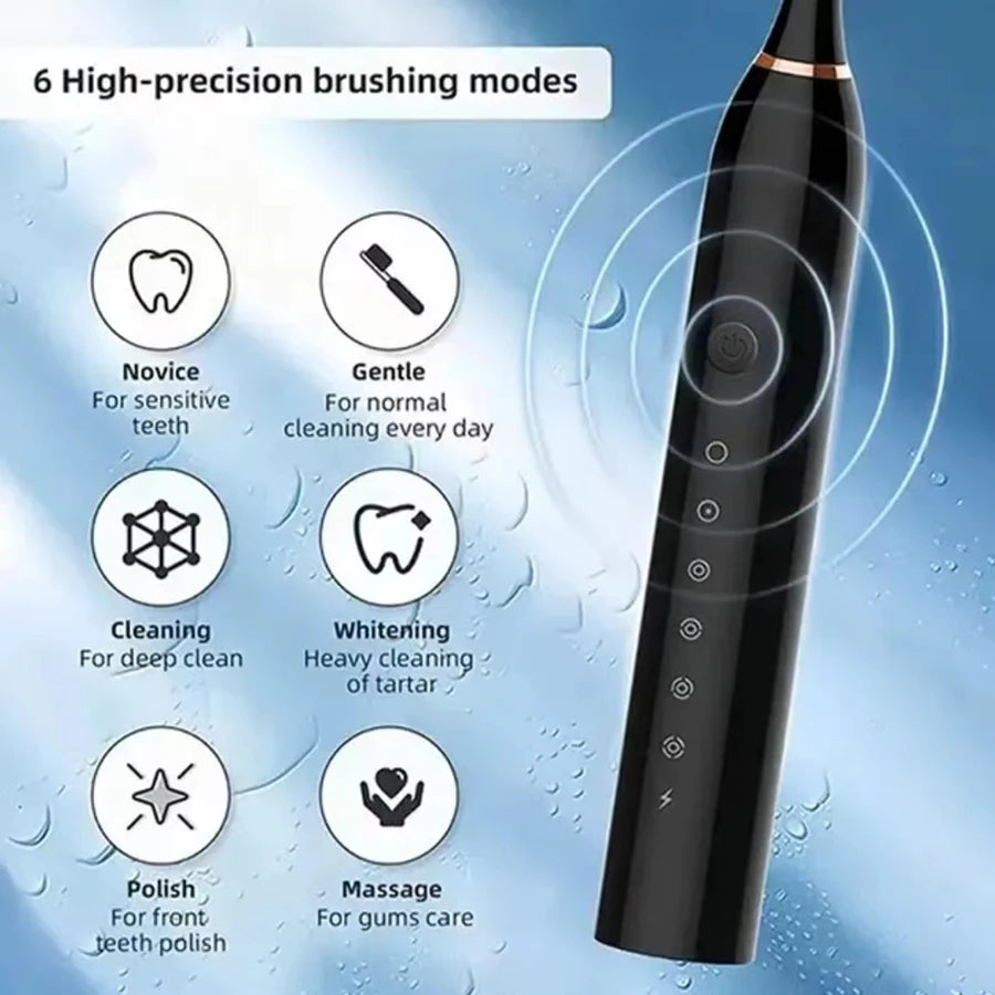USB Rechargeable Ultrasonic Toothbrush with 6 Speeds and Soft Bristles