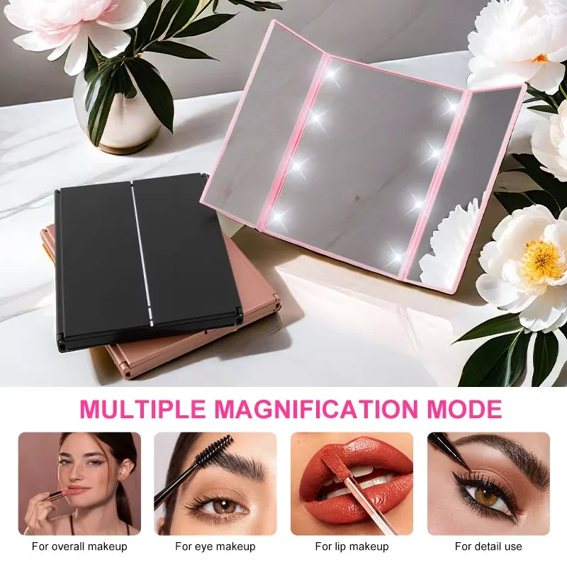 Portable LED Three-Sided Makeup Mirror with Folding Stand for Travel