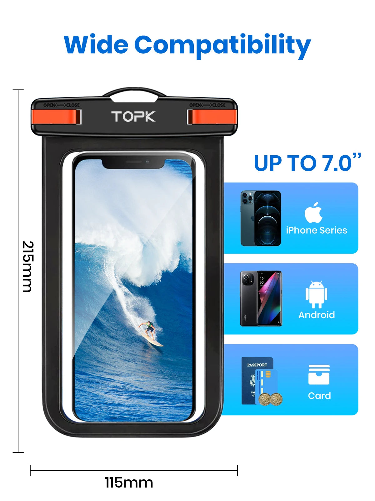 TOPK E01 IPX8 Waterproof Phone Pouch with Lanyard for 7-Inch Phones