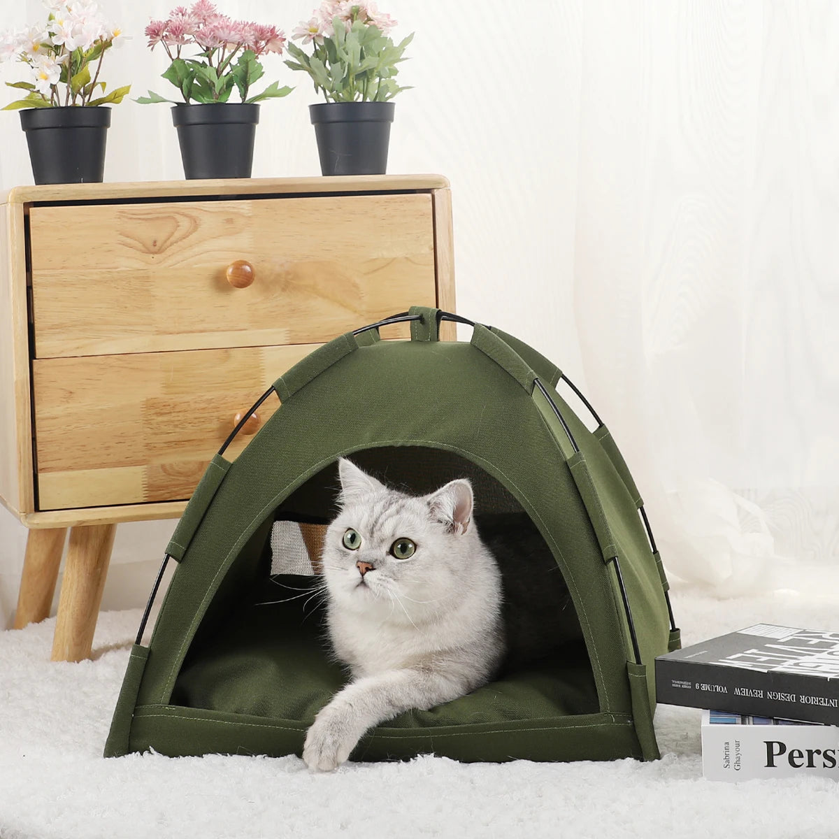 Warm Clamshell Cat Tent Bed with Cushion for Winter Rest