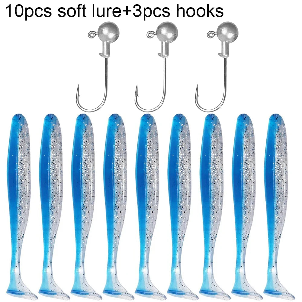 Soft Fishing Lure Kit with T-Tail Worms, Jig Hooks & Metal Jigs