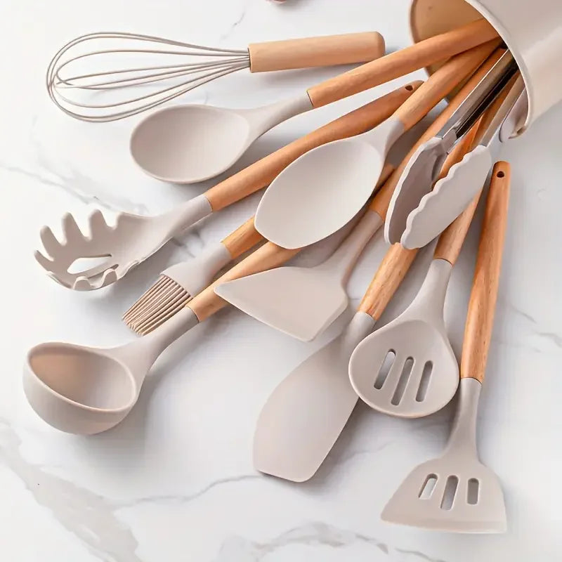 12-Piece Silicone Kitchen Utensil Set - Wooden Handle Non-Stick Tools