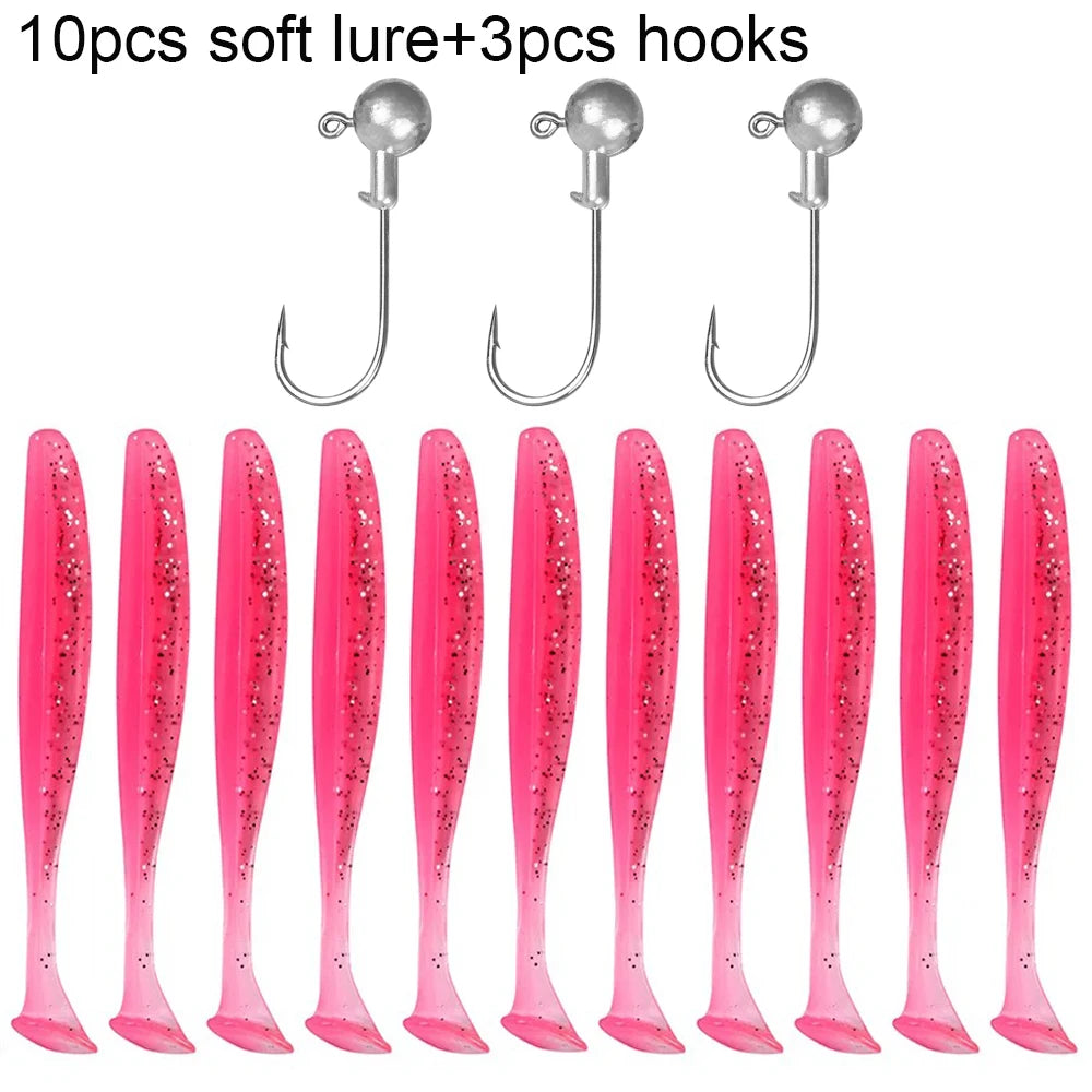 Soft Fishing Lure Kit with T-Tail Worms, Jig Hooks & Metal Jigs