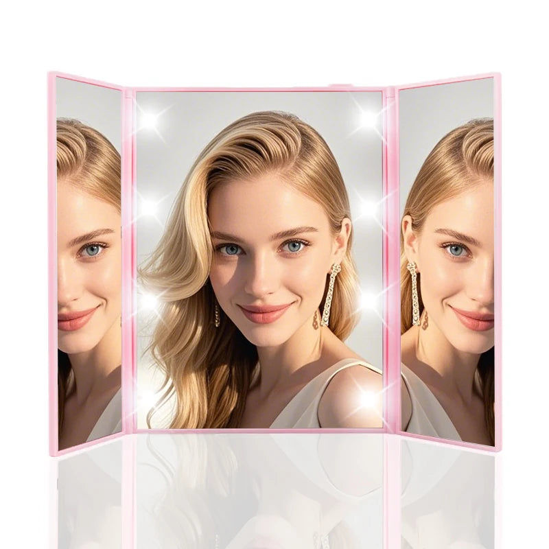 Portable LED Three-Sided Makeup Mirror with Folding Stand for Travel