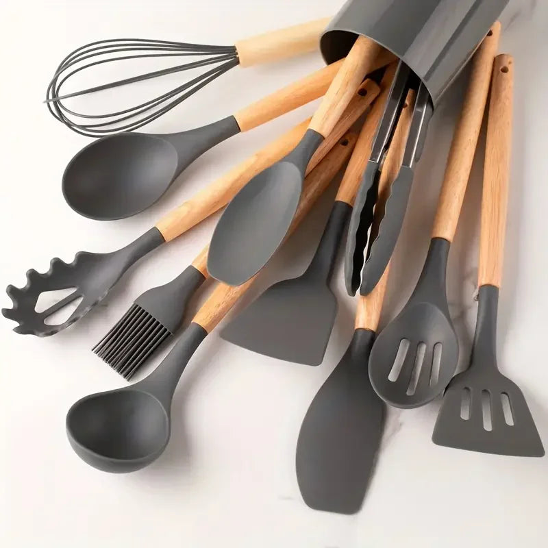 12-Piece Silicone Kitchen Utensil Set - Wooden Handle Non-Stick Tools