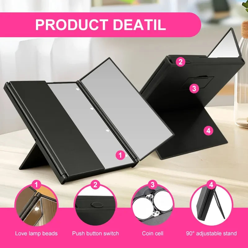 Portable LED Three-Sided Makeup Mirror with Folding Stand for Travel