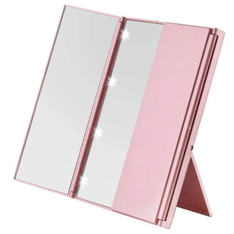 Portable LED Three-Sided Makeup Mirror with Folding Stand for Travel