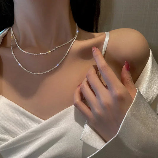 Sparkling Silver-Tone Clavicle Chain Necklace