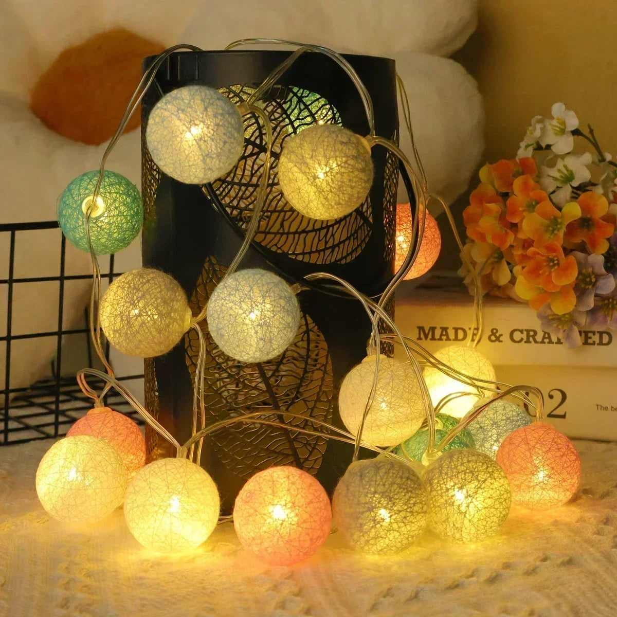 20-LED Rattan Ball String Lights with USB or Battery Power