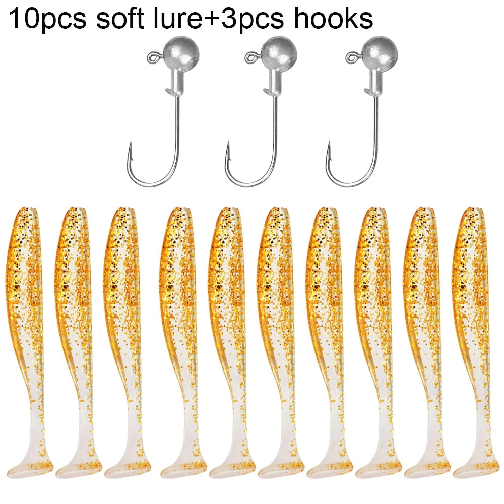 Soft Fishing Lure Kit with T-Tail Worms, Jig Hooks & Metal Jigs