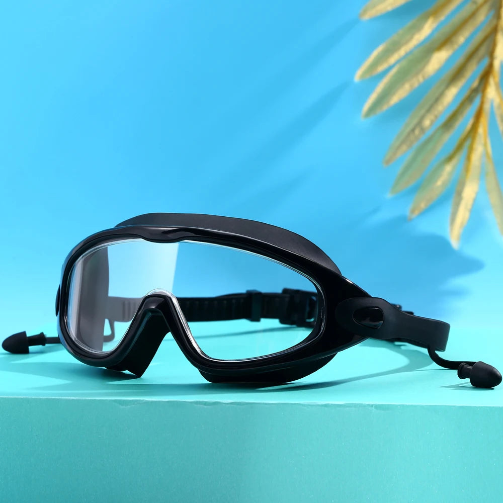 Large-Frame Anti-Fog Swimming Goggles with Earplugs for Adults