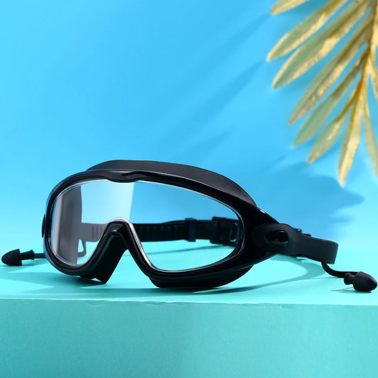 Large-Frame Anti-Fog Swimming Goggles with Earplugs for Adults