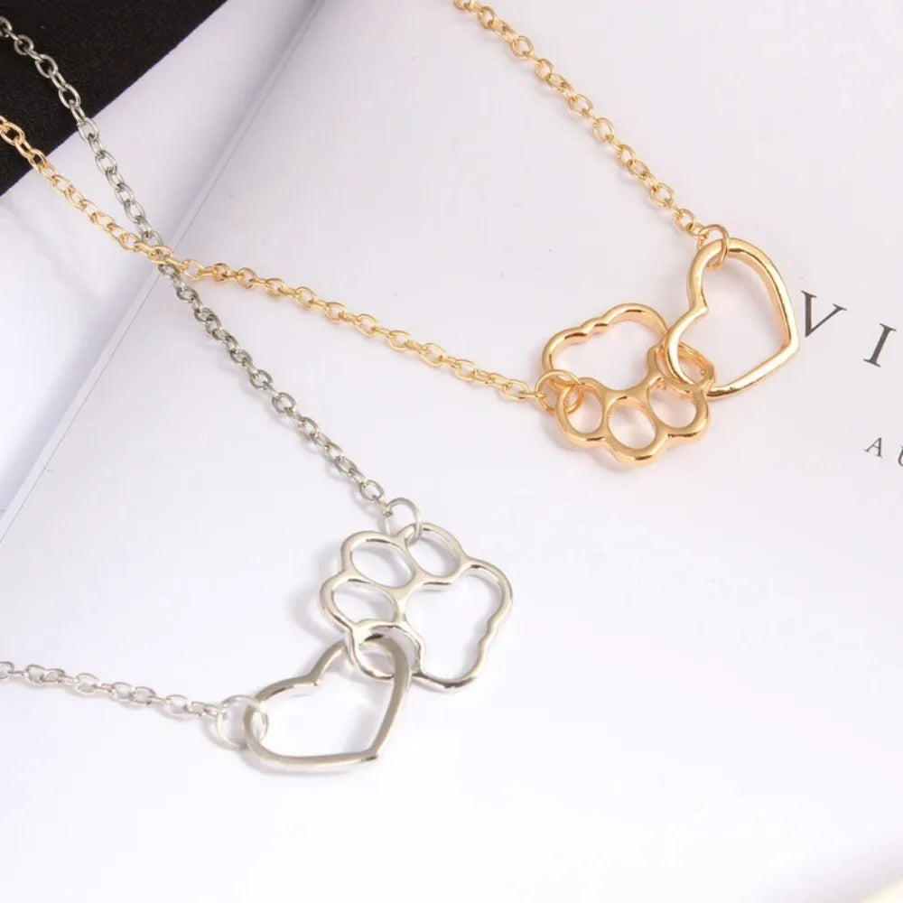 Hollow Paw Print Heart Pendant Necklace
