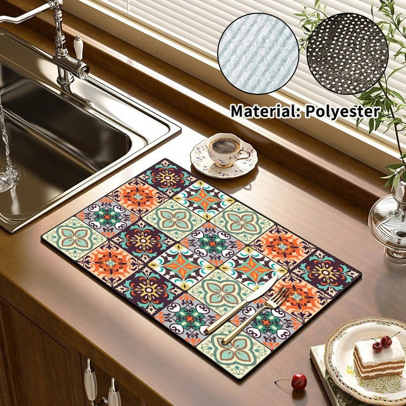 Super Absorbent Printed Dish Drying Mat for Kitchen Counters